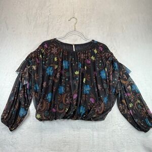 Free People Floral Blouse Sheer Ruffle Long Sleeve Top Black‎ XS
